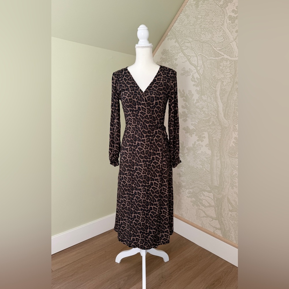 H&M Wrap Up Dress Leopard Animal Print Midi Size Small